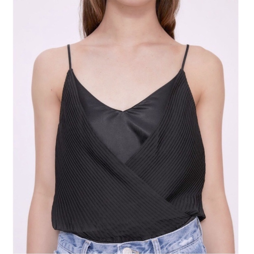 Zara Bodysuit Pleated Draped Black Top Buttons Women Size S Spaghetti Straps